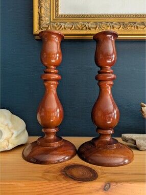 Vintage Turned Wood Candlesticks, Cherry Finish, Set of 2, 8" tall
